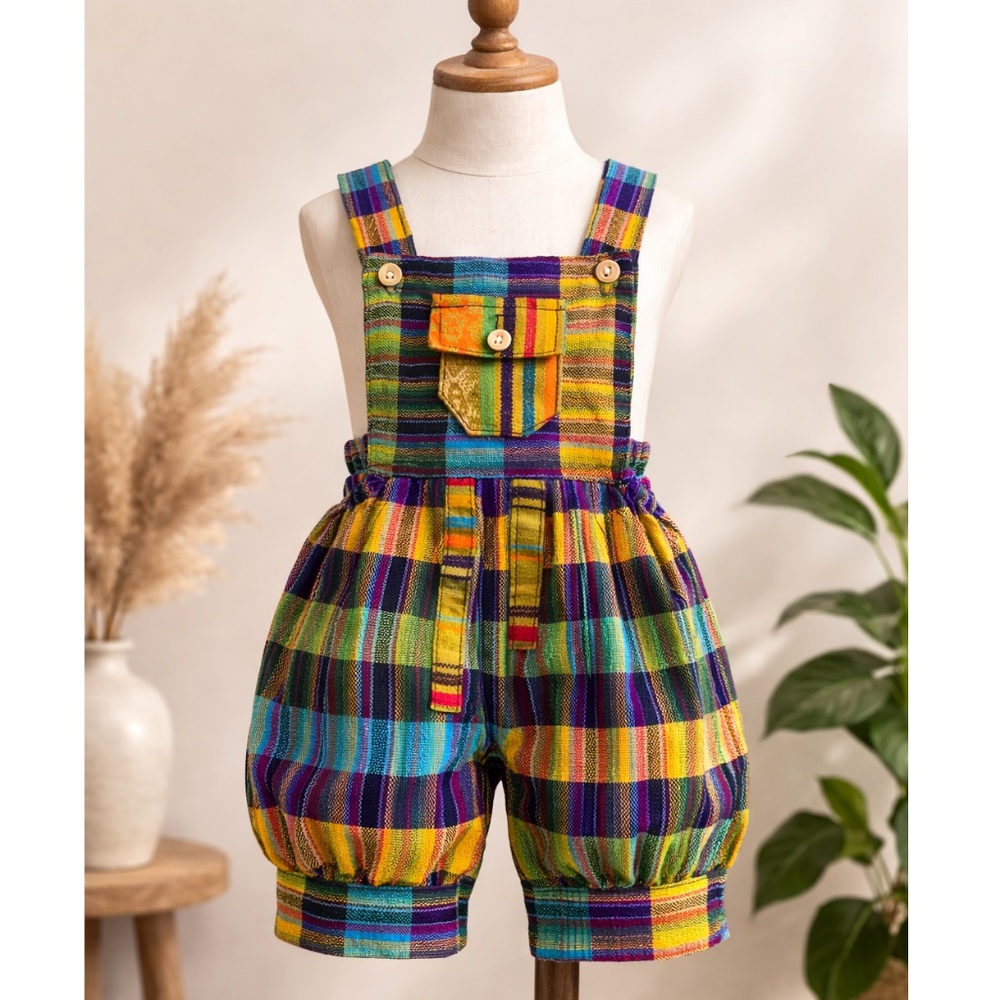 Vintage Peruvian Andean Plaid Baby Romper Jumper 12–18M Artisan Woven Cotton